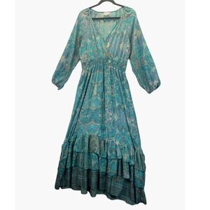 Boemo Teal Paisley Print Maxi Dress Tiered Ruffle V-Neck Smocked Waist Boho L